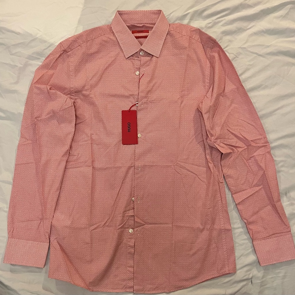 Hugo by Hugo Boss Red Geometric Pattern Men’s Dress Shirt 15.5 34/35 New